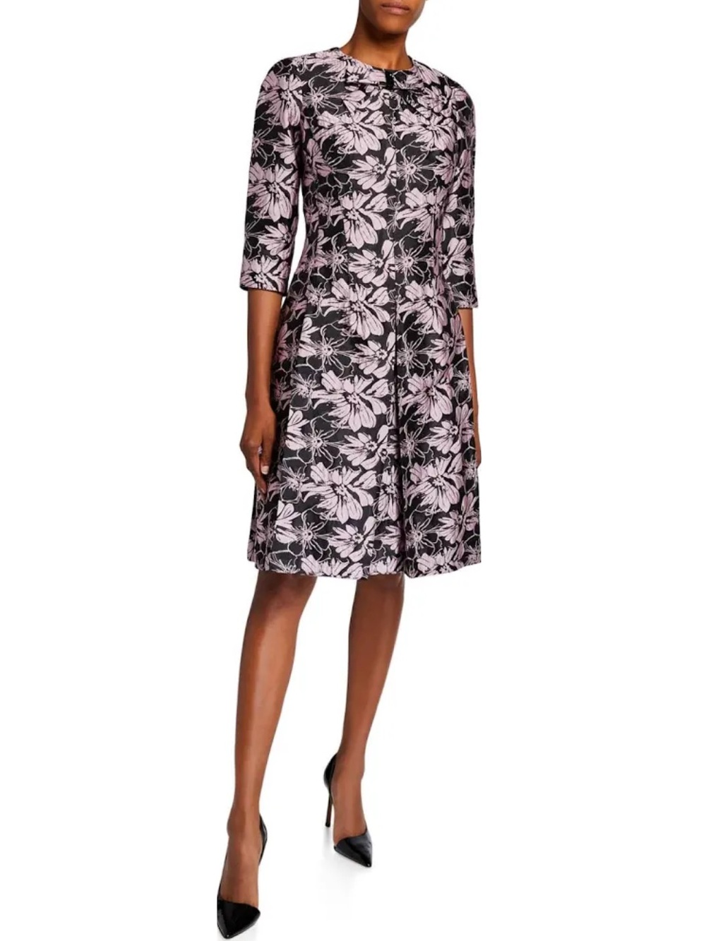 Teri Jon Pink & Black Floral Jacquard A-Line Dress